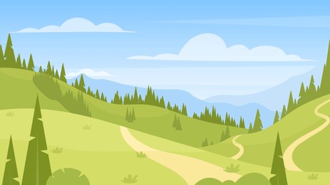 spring mountain landscape. vector illustration of spring or summer nature with green hills, forest, mountains, tree, grasslands meadow. outdoor holiday activity. active weekend. horizontal background
