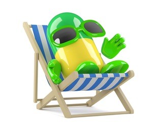 3d render of a pill character sunbathing in a deck chair