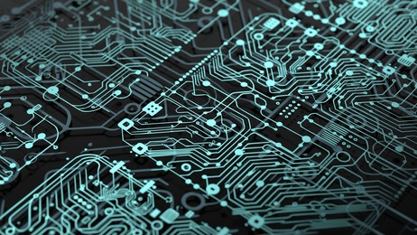 circuit board processor microchip 3d representation, digital technology background can be used to represent artificial intelligence, computing mining or data stream