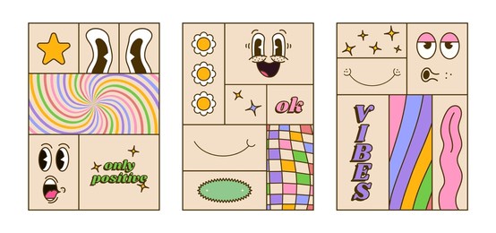 old cartoon posters set. complementary doodle covers with retro comic faces and hands in gloves vector set. stars, flower, text in vintage style. vector illustration