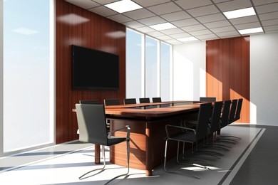 modern meeting room 3d interior with big windows