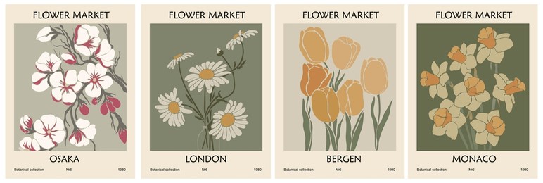 set of abstract posters flower market print vector