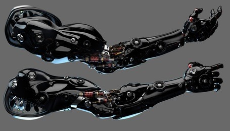 futuristic cyborg prosthetic arms with strong muscular structure / robotic hands