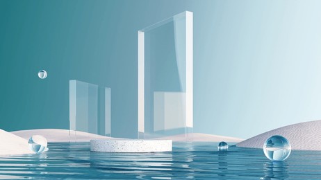 3d render of surreal landscape with round podium in the water and white sand. podium, display on the background of abstract glass shapes and objects. fantasy world, futuristic fantasy image.