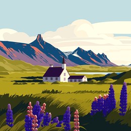 beautiful landscape of blooming lupine flowers iceland. vector illustration.