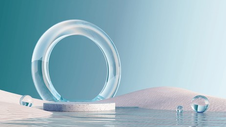 3d render of surreal landscape with round podium in the water and white sand. podium, display on the background of abstract glass shapes and objects. fantasy world, futuristic fantasy image.