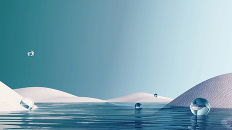 3d render of surreal landscape with round podium in the water and white sand. podium, display on the background of abstract glass shapes and objects. fantasy world, futuristic fantasy image.