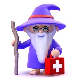 3d render of a wizard carrying a first aid kit