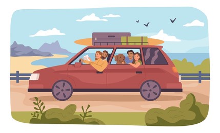 family or friends traveling on car, people with baggage and dog pet riding on road. summer vacation or weekends, driving along beach. vector in flat style