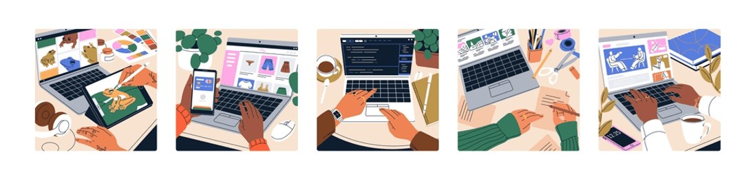 hands work at laptop set. using computer at desk, typing on keyboard, surfing internet, working online, watching video, shopping and paying, drawing, studying at pc screens. flat vector illustrations