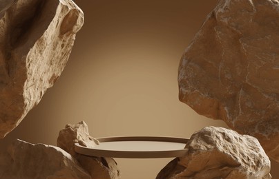 3d podium stone display on brown background. beige rock, cosmetic beauty product promotion pedestal with sun shadow. nature landscape showcase. abstract minimal studio 3d render