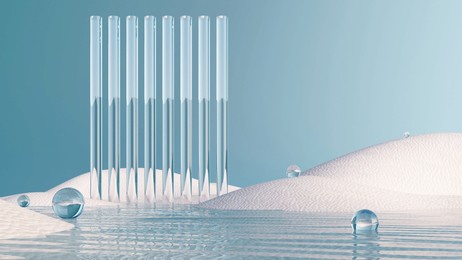 3d render of surreal landscape with round podium in the water and white sand. podium, display on the background of abstract glass shapes and objects. fantasy world, futuristic fantasy image.
