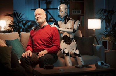 happy senior man sitting on the couch at home and receiving a massage from a caring female ai robot