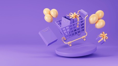 shopping cart 3d illustrator , trolley 3d . concept of shopping online , shopping trolley , market bags , location store on isolated on minimal background . 3d rendering