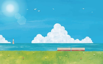 landscape watercolor of summer sea, meadow and train