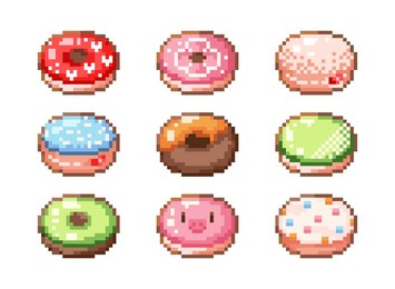 pixel art donuts. set of 8 bit colorful icons of donuts for web design and decorative stickers. video game style food icons of sweet snacks. pixel doughnut rings with chocolate and cream.