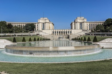 trocadero is a area of paris on the banks of seine not far from famous eiffel tower. hill of trocadero is hill of chaillot. on a hilltop in 1937 built a new palace - palais de chaillot. paris, france.