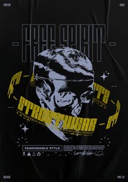 retro futuristic poster with human skull and 3d rotating graphic text. abstract print with noise, for streetwear, print for t-shirts and sweatshirts on a black background