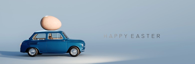 dark blue old car with easter egg on the roof. easter is coming with text on blue background. 3d rendering, 3d illustration