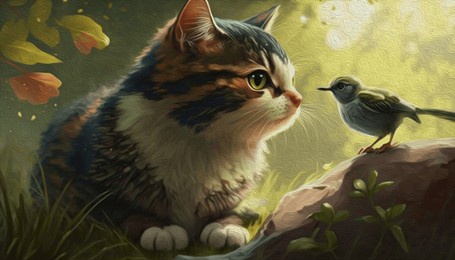 the cat playing with a sparrow in the park,oil painting