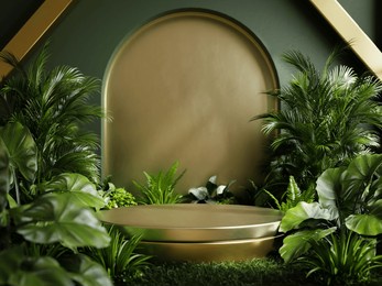 gold podium in tropical forest for product presentation.3d rendering