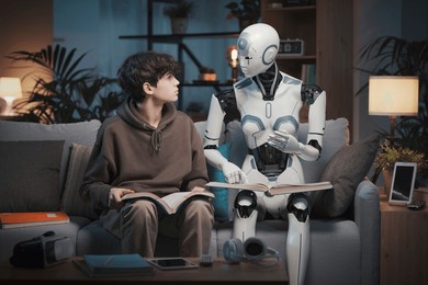 innovative ai robot tutor helping a teenage boy with homework, they are reading books together, human-robot interaction concept