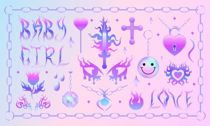 y2k flame, chain and heart stickers set. girl pink holographic tattoo, fire, smile, flower, necklace triball glamour 2000s style. vector icons. 90s, 00s aesthetic trendy emo goth text love, baby eps