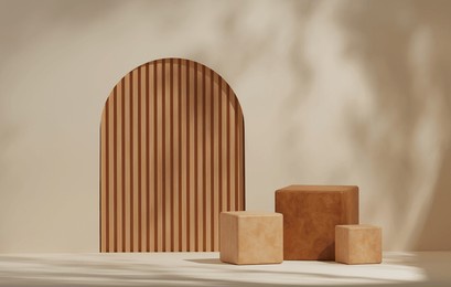 geometric square wood display stand showcases shadows of leaves on creamy yellow background for displaying cosmetics and beauty products. 3d render illustration