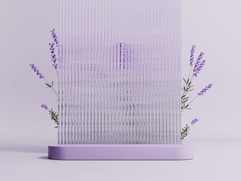 podium, stand, display with lavender flowers on pastel purple background. showcase, mock up for the exhibitions, presentation of products, therapy, relaxation and health -3d render.