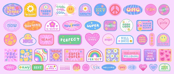 cool y2k stickers vector pack. set of trendy groovy patches. pop art smile emoji labels. vaporwave 2000s graphics. 