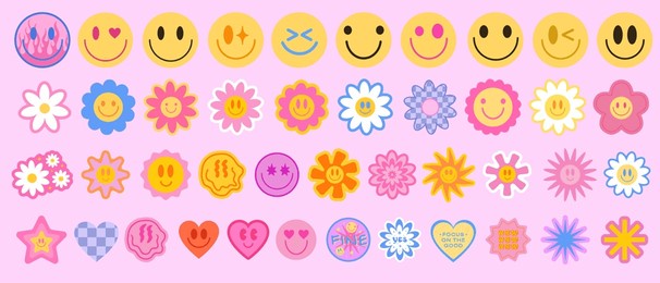 cool y2k stickers vector pack. set of trendy groovy patches. pop art smile emoji labels. vaporwave 2000s graphics. 