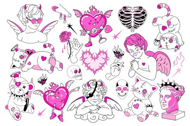 set of y2k stickers. lovely baby pink color. dark emo goth graphic with devil and angel. gothic prints with mystical fire, flame, hearts. vintage isolated badges. weird 90s, 00s love aesthetic.
