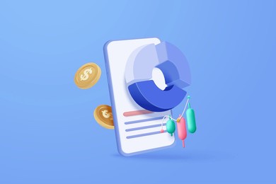 3d online trading with mobile phone and money coin on blue background. investment graph using funding business on smartphone. 3d vector trading on mobile phone for investment render illustration