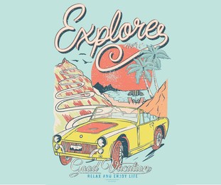 mountain adventure vector graphic print design for apparel, sticker, poster, background and others. outdoor t-shirt artwork design. beach with palm tree artwork.