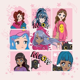 anime girl illustration with cat and slogan. vector graphic design for t-shirt. girls drawing. cute girl and cats poses.