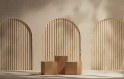 geometric square wood display stand showcases shadows of leaves on creamy yellow background for displaying cosmetics and beauty products. 3d render illustration