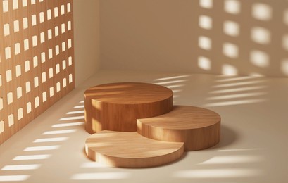 geometric circle wood display stand showcases shadows of leaves on creamy yellow background for displaying cosmetics and beauty products. 3d render illustration