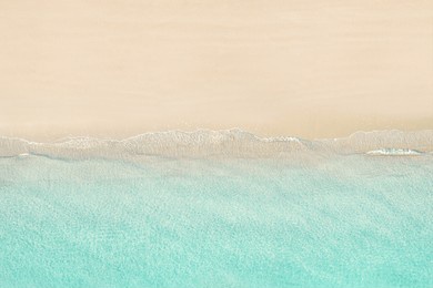 top view of tropical seychelles sand beach. blue, turquoise transparent water surface of ocean, sea, lagoon. horizontal background. aerial, drone view