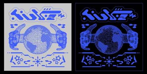 retro y2k poster with pixel hands over earth sphere. dither effect. print in techno style, for streetwear, print for t-shirts and sweatshirts on a black background	