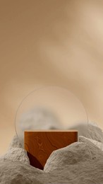wood textured podium in portrait frosted glass and rock background, 3d render empty scene