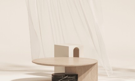 realistic 3d render background for products overlay. close up of a round empty teak wood table with blowing white sheer curtains, morning sunlight, foliages. organic beauty, natural concept. 