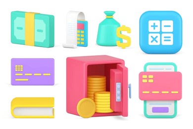 financial payment banking cash money dollar storage calculating button set 3d icon realistic vector illustration. finance economy commercial accounting bill invoice credit card business book learning