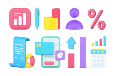 business accounting statistic data analyzing financial report information set 3d icon realistic vector illustration. finance corporate management analysis banking payment profit graph presentation