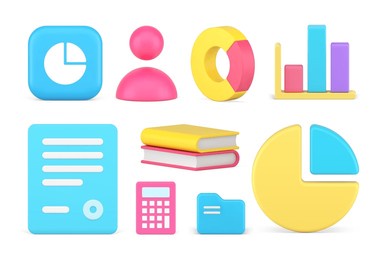 business management financial accounting analyzing graph diagram presentation set 3d icon realistic vector illustration. corporate marketing analysis strategy development book folder data calculating