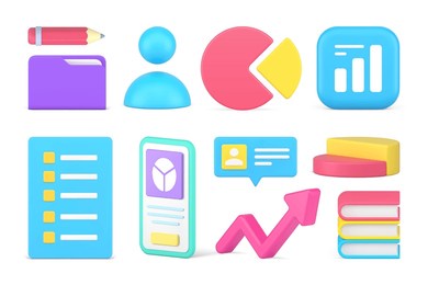 business accounting statistic financial analyzing graph diagram management set 3d icon realistic vector illustration. corporate chart analysis commercial learning document profit growth achievement