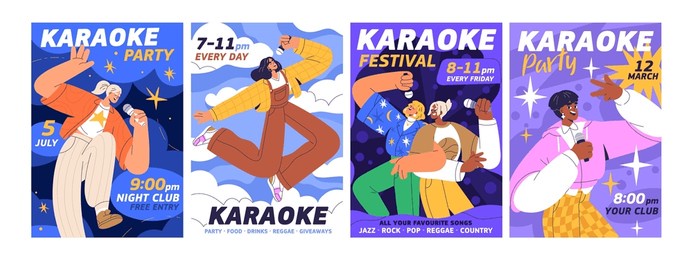 karaoke, music party posters designs set. vocal event, song festival, live concert in night club, flyers backgrounds templates. vertical promotion banners with girls singing. flat vector illustrations
