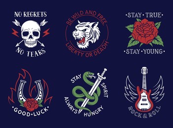 set of prints for tshirts. patches and embroideries in gothic style. skull, rose, tiger, guitar and snake with inscriptions and quotes. cartoon flat vector collection isolated on black background