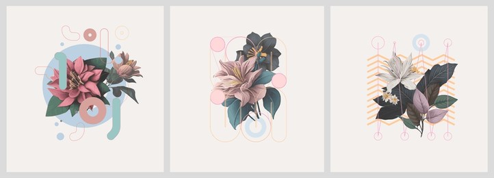 abstract minimalist art. mixed style, geometric shapes and plants. flowers, leaves. set of vector paintings. bauhaus. backgrounds for poster, banner, print. 