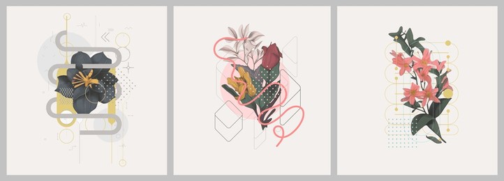 abstract minimalist art. mixed style, geometric shapes and plants. flowers, leaves. set of vector paintings. bauhaus. backgrounds for poster, banner, print. 