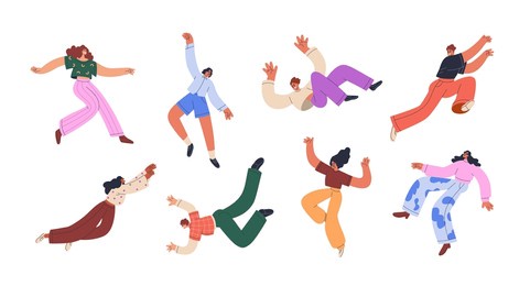 happy flying, floating characters set. young people soaring in funny poses. fun and joy, positive energy, freedom and inspiration. flat graphic vector illustrations isolated on white background